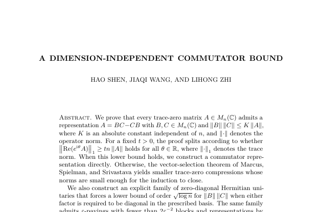 Title and abstract excerpt from A Dimension-Independent Commutator Bound